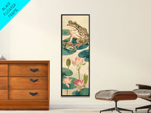 Load image into Gallery viewer, Frogs On Lily Pads Canvas In Japanese Ukiyo-e Style, Traditional Woodblock Print, Framed Canvas Print, Tall Skinny Japanese Wall Art, Ready To Hang
