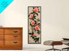 Carregar imagem no visualizador da galeria, Framed Canvas Print Of Japanese Floral Art With Camellia Blossoms And Detailed Leaves Ready To Hang Traditional Japanese Wall Art Decor
