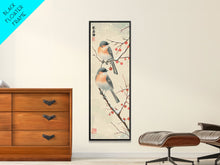 Load image into Gallery viewer, Pair of Birds on Snowy Branches, Japanese Art Framed Canvas Print, Tall and Skinny Wall Art in Ukiyo-e Style

