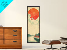 Load image into Gallery viewer, Large Red Sun Over River, Japanese Art Inspired by Ukiyo-e, Framed Canvas Print for Tall Skinny Wall Spaces
