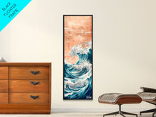 Load image into Gallery viewer, Majestic Wave, Peach Sky, Japanese Art, Skinny Art, Tall Art, Framed Canvas Print, Ukiyo-e Style
