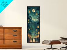 Load image into Gallery viewer, Framed Canvas Print Of A Nighttime Japanese Festival Scene With Lanterns And Pine Trees, Traditional Wall Art Ready To Hang

