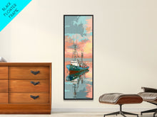 Cargar imagen en el visor de la galería, Fishing Boat, Calm Waters, Japanese Art, Skinny Art, Tall Art, Framed Canvas Print, Ukiyo-e Style
