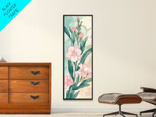 Load image into Gallery viewer, Skinny Art Pink Oleander Flowers In Japanese Style Wood Block Print Elegant Pastel Hues On Framed Canvas Print, Tall Art Ukiyo-e
