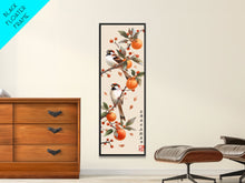 Load image into Gallery viewer, Skinny Art Tall Art Framed Canvas Print Wood Block Print Of Elegant Bird Perched On Branch Amidst Orange Fruits Ukiyo-e Japanese Style Art
