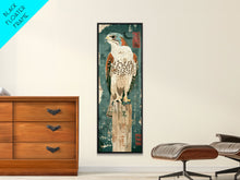 Load image into Gallery viewer, Majestic Hawk Perched On Weathered Stump Textured Background Skinny Art Tall Art Framed Canvas Print Japanese Style Art Ukiyo-e Art Wood Block Print
