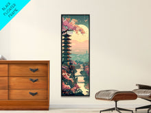 Load image into Gallery viewer, Japanese Pagoda Among Sakura Trees Under Yellow Moon Tall Art Skinny Art Framed Canvas Print Japanese Style Art Ukiyo-e Wood Block Print
