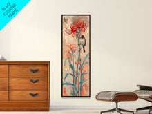 Carregar imagem no visualizador da galeria, Bird Perched On Bright Red Lily Flower Skinny Art Tall Art Framed Canvas Print Japanese Style Art Ukiyo-e Art Wood Block Print Floral Detailed
