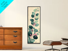 Load image into Gallery viewer, Delicate Green Leaves And Pink Buds On A Branch Against A Textured Background, Skinny Art Tall Wall Art Framed Canvas Print Japanese Style Art
