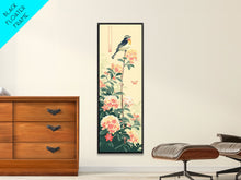 Load image into Gallery viewer, Bird Perched On Floral Branch With Butterfly Ukiyo-e Art Framed Canvas Print Japanese Style Tall Art Wood Block Print Skinny Art
