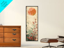 Load image into Gallery viewer, Abstract Sun Over Branch With Red Leaves Framed Canvas Print Ukiyo-e Wall Art Tall Art Wood Block Print Skinny Art Japanese Style
