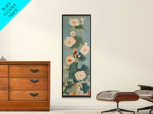Load image into Gallery viewer, Tall White Blooms with Large Leaves on Blue Background, Framed Canvas Print in Japanese Art Style
