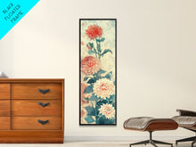 Load image into Gallery viewer, Chrysanthemums in Soft Pastel Tones on Tall Skinny Framed Canvas Print, Japanese Art Wall Decor
