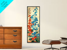 Load image into Gallery viewer, Delphinium Flowers Japanese Garden Art In Traditional Ukiyo-e Style Framed Canvas Print Tall Skinny Wood Block Floral Wall Decor
