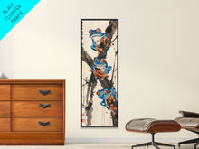 Load image into Gallery viewer, Three Blue Tree Frogs Branches Japanese Tall Wall Art Skinny Framed Canvas Print Ukiyo-e Style
