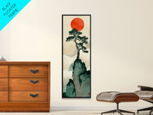 Load image into Gallery viewer, Bonsai Tree Mountain Red Sun Japanese Tall Wall Art Skinny Framed Canvas Print Ukiyo-e Style
