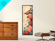 Load image into Gallery viewer, Vibrant Peonies Blooming Against A Soft Beige Background Traditional Japanese Aesthetic Tall Framed Canvas Print Floral Decor
