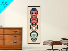 Load image into Gallery viewer, Bold Striking Japanese Kabuki Masks Vibrant Colors Depicted Traditional Style Tall Framed Canvas Print Cultural Home Decor

