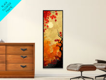 Load image into Gallery viewer, Dramatic Red Autumn Leaves Against Golden Sky Depicted Japanese Style Tall Framed Canvas Print Seasonal Wall Art
