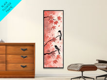 Load image into Gallery viewer, Red and Black Maple Leaves with Birds Perched on Branches Japanese Framed Canvas Print Ukiyo-e Art Skinny Tall Art
