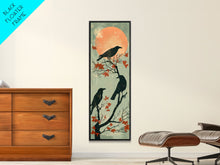 Carregar imagem no visualizador da galeria, Black Crows Japanese Art Skinny Wall Art Framed Canvas Print on Branches with Red Maple Leaves Against Warm Orange Sun
