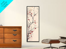 Cargar imagen en el visor de la galería, Minimalist Japanese Tree Branch With Red Berries, Ukiyo-e Woodblock Style Canvas, Framed Canvas Print, Japanese Tall Skinny Wall Art, Ready To Hang

