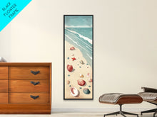 Load image into Gallery viewer, Japanese Style Art Featuring A Serene Beach Scene With Seashells And Gentle Waves, Skinny Art, Tall Art, Ukiyo-e Art, Framed Canvas Print, Wood Block Print
