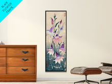 Load image into Gallery viewer, Tall Art Featuring Elegant Bellflowers In Soft Purples And Pinks Against A Muted Background, Skinny Art, Japanese Style Art, Ukiyo-e Art, Framed Canvas Print, Wood Block Print
