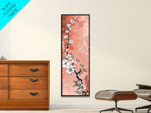 Load image into Gallery viewer, Skinny Art Tall Art Cherry Blossoms Wood Block Print Japanese Style Art With Delicate Branches On Soft Pink Background Framed Canvas Print
