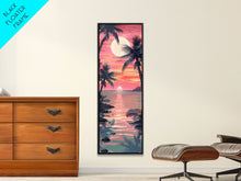 Load image into Gallery viewer, Serene Sunset With Palm Trees And Tranquil Ocean Reflection Ukiyo-e Wood Block Tall Skinny Art Framed Canvas Print
