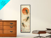 Load image into Gallery viewer, Detailed Depiction Of Cicadas Against Warm Sunset Background Ukiyo-e Skinny Tall Wood Block Framed Canvas Print Japanese Style Art

