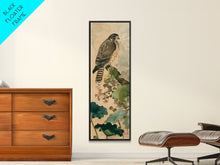 Load image into Gallery viewer, Majestic Hawk Perched Among Verdant Foliage Ukiyo-e Tall Skinny Wood Block Framed Canvas Print Japanese Style Art
