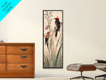 Load image into Gallery viewer, Detailed Woodpeckers Perched On Stems Amid Nature For Rustic Wall Art Ukiyo-e Japanese Style Art Skinny Framed Canvas Print
