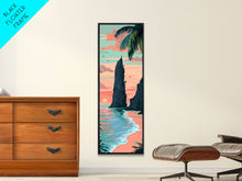 Load image into Gallery viewer, Towering Coastal Rock Formation During Sunset With Palm Trees For Serene Beach Wall Art Japanese Style Framed Canvas Print

