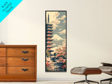 Load image into Gallery viewer, Japanese Pagoda With Mt Fuji And Cherry Blossoms – Framed Canvas Print Featuring Skinny Art Tall Art, Highlighting Ukiyo-E Art And Japanese Style Art
