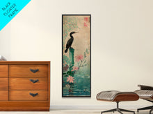 Load image into Gallery viewer, Tall Skinny Art Japanese Style Wood Block Print Bird Perched On Bamboo By A Pond With Flowers In Ukiyo-e Style For Framed Canvas Print
