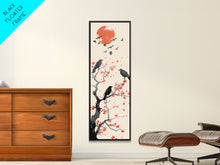 Load image into Gallery viewer, Crows On Bare Tree Branches Against Red Sun Skinny Art Wood Block Print Japanese Style Art Framed Canvas Print Tall Art Ukiyo-e Art
