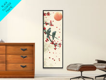 Load image into Gallery viewer, Two Pigeons On Branch With Red Leaves Skinny Art Wood Block Print Japanese Style Art Framed Canvas Print Tall Art Ukiyo-e Art
