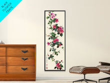 Load image into Gallery viewer, Pink Hibiscus Flowers On Branch Skinny Art Wood Block Print Japanese Style Art Framed Canvas Print Tall Art Ukiyo-e Art
