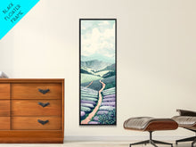 Load image into Gallery viewer, Tranquil Lavender Fields Skinny Art Tall Art Japanese Ukiyo-e Inspired Landscape Framed Canvas Print for Serene Living Spaces
