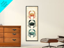 Load image into Gallery viewer, Coastal Crabs Skinny Art Tall Art Japanese Ukiyo-e Inspired Nautical Framed Canvas Print for Beach House or Ocean Lovers
