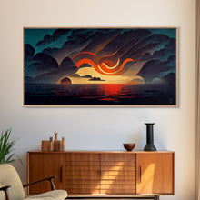 Carregar imagem no visualizador da galeria, Abstract art deco sunset canvas print, sunset over the vast ocean, living room art
