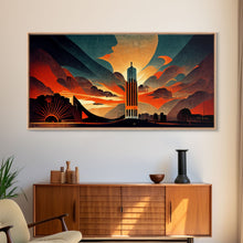 Cargar imagen en el visor de la galería, Dystopian metropolis canvas print, ready to hang wall art, art deco sunset, 1930s architecture, living room art, art nouveau
