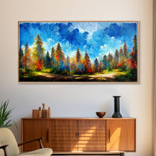 Carregar imagem no visualizador da galeria, Beautiful Forest Sunset Oil Painting Canvas Print, Blue Skies and Fall Trees, Autumn, Ready to hang gallery wrapped nature canvas print
