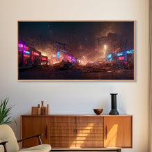 Load image into Gallery viewer, Destitute cyberpunk city with neon signs wall art, Bladerunner vibes art, synthwave style art, cool wall art
