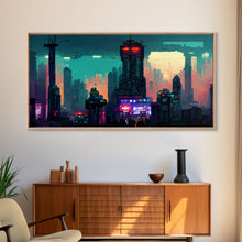 Load image into Gallery viewer, cyberpunk city pixel art canvas print, wall art, Bladerunner vibes art, synthwave style art, cool wall art
