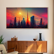 Load image into Gallery viewer, Dystopian Cyberpunk canvas print, cyber punk city at sunset, Bladerunner vibes art, synthwave style art, cool wall art, night city
