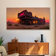 Load image into Gallery viewer, Abandoned wild west saloon at sunset canvas print, travel photography art, outrun sunset ready to hang wall art

