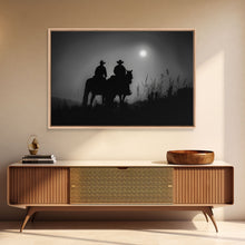 Load image into Gallery viewer, Cowboys Under A Full Moon, Framed Canvas Print, Black and White Western Photography, Wild West Art, Western Decor, Farmhouse Country Art
