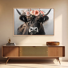 Load image into Gallery viewer, Framed Canvas Wall Art, Cute Cow Wearing Flowers, Farmhouse Decor, Farmhouse Wall At, Extra Large Boho Decor, Modern Art, Minimalist Rustic

